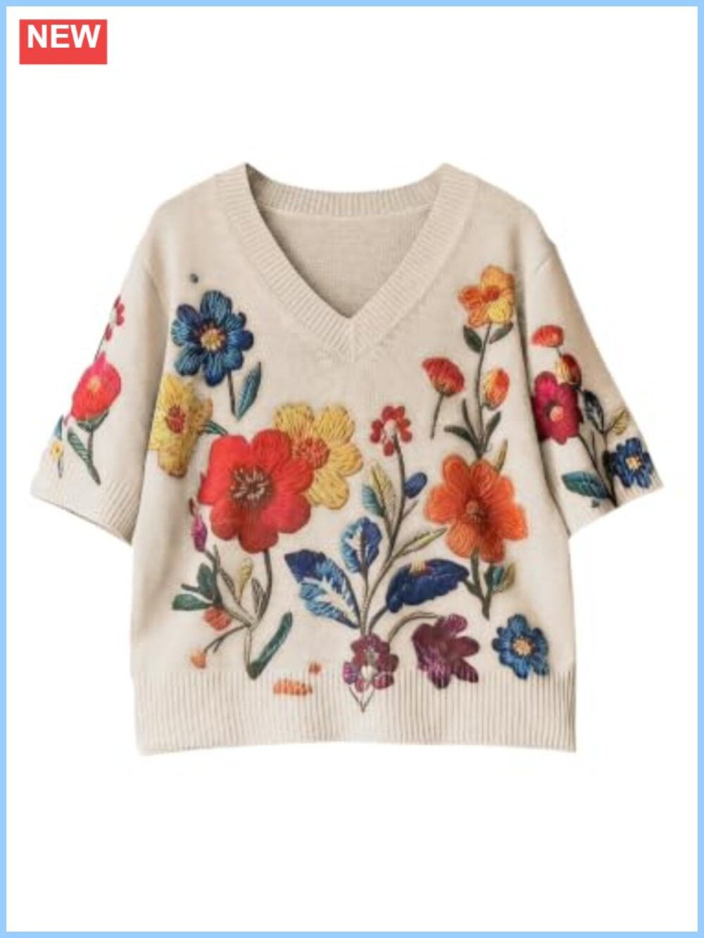Floral Short Sleeve V Neck Knit Sweater Boho Vintage Pullover